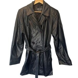 VTG 90s IZZI Leather Black Double Breasted Trench Coat Belted Jacket Womens Med‎